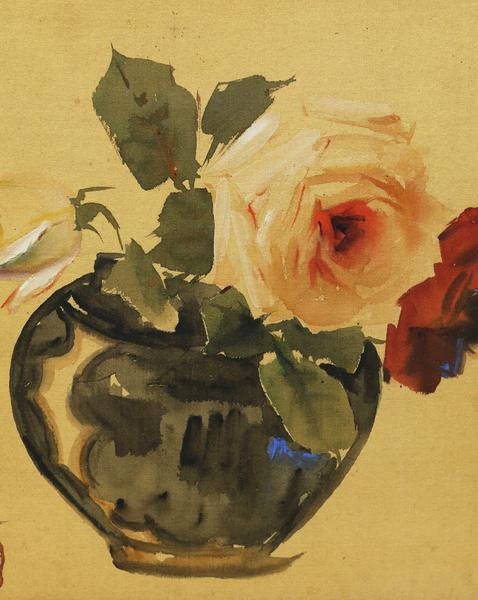 WISH＋】真野紀太郎 水彩絹本 紅白薔薇 〈真作〉 日本水彩画会名誉会員