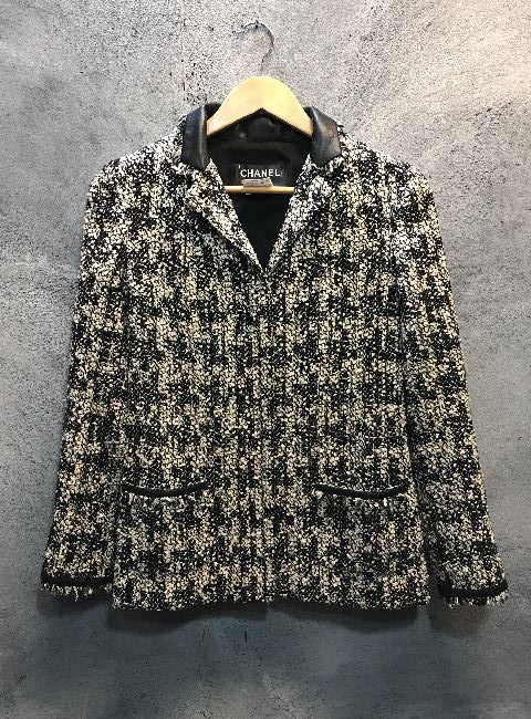 代官山)CHANEL シャネル レザー切替 シルク混 ツイード ジャケット  