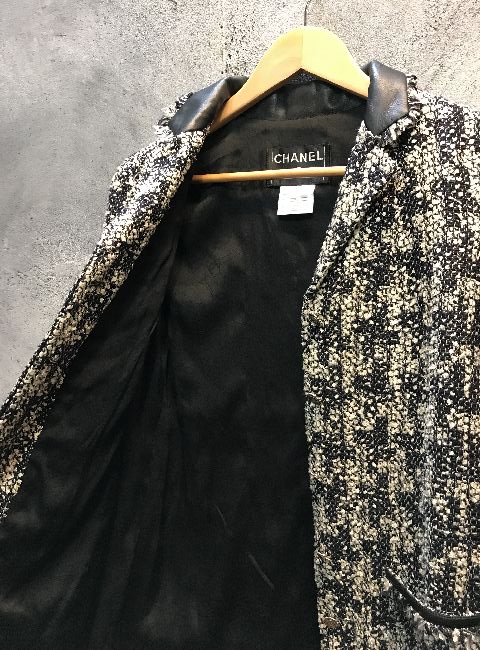 代官山)CHANEL シャネル レザー切替 シルク混 ツイード ジャケット  