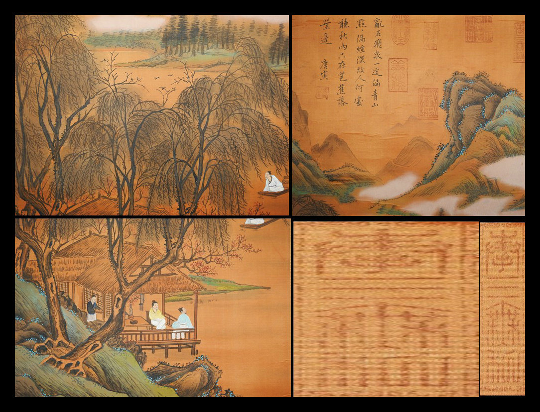 D3603【唐寅】絹本 山水人物図 中国明代画家 肉筆保証 掛け軸 時代唐物