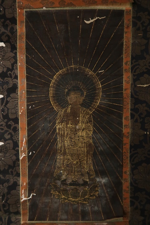 遅日亭】【模写】古仏画 阿弥陀如来像 着色金泥 絹本 掛軸 仏教美術