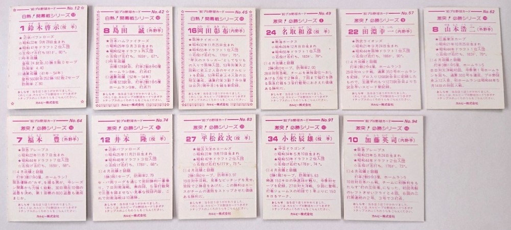 1980年カルビープロ野球カード11枚　鈴木・島田・岡田・名取・田淵・山本・福本・井本・平松・小松・加藤_2