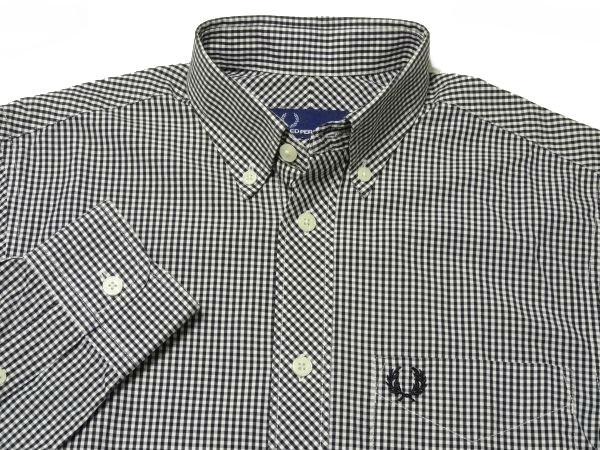 ★良品!!フレッドペリー★長袖ボタンダウンギンガムチェックシャツXS/黒白FRED PERRYホワイトブラックメンズモッズMODS