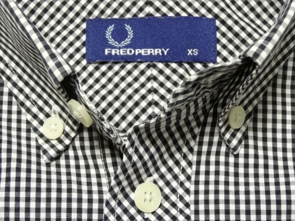 ★良品!!フレッドペリー★長袖ボタンダウンギンガムチェックシャツXS/黒白FRED PERRYホワイトブラックメンズモッズMODS