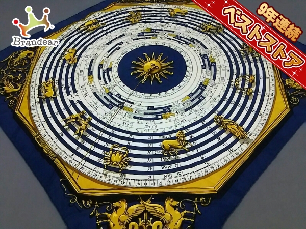 ク*ー様 【極美品】HERMES エルメス ネクタイ スカーフ柄 イエロー シル エルメス HERMES スカーフ 白×ネイビー×イエロー DIES ET HORE (占星術