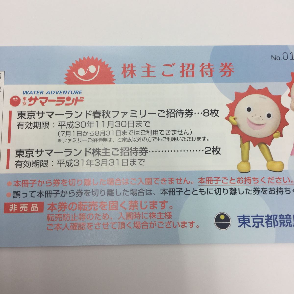 東京サマーランド 1Dayパス 東京都競馬株式会社 株主ご招待券