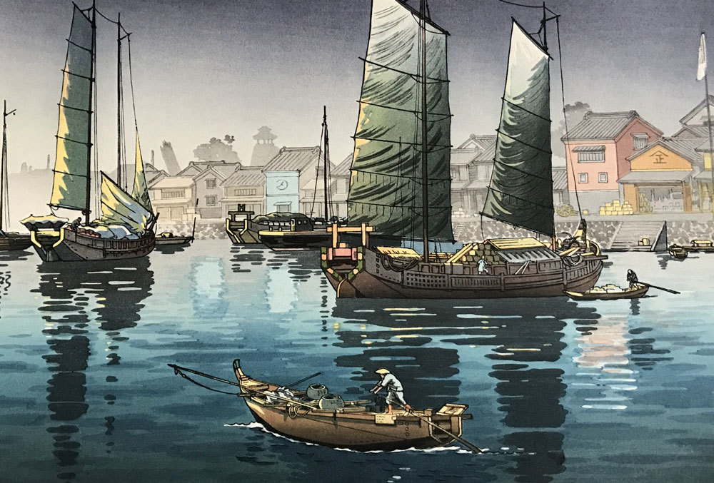◇櫟◇ 土屋光逸 「瀬戸内海 明石の港」 木版画 昭和13年3月作 [B1]OW