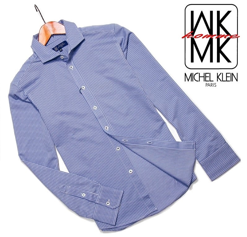 新品!!ミッシェルクラン エムケーオム 良質 ピンストライプ 長袖シャツ ブルー 46 (M) 送料185円☆MK homme 春物 秋物 青系 定価1，4万円★ MK MICHEL KLEIN ITOKIN - イトキン株式会社