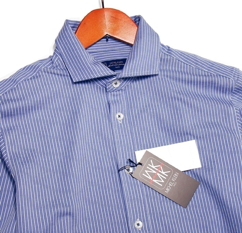 新品!!ミッシェルクラン エムケーオム 良質 ピンストライプ 長袖シャツ ブルー 46 (M) 送料185円☆MK homme 春物 秋物 青系 定価1，4万円★ MK MICHEL KLEIN ITOKIN - イトキン株式会社
