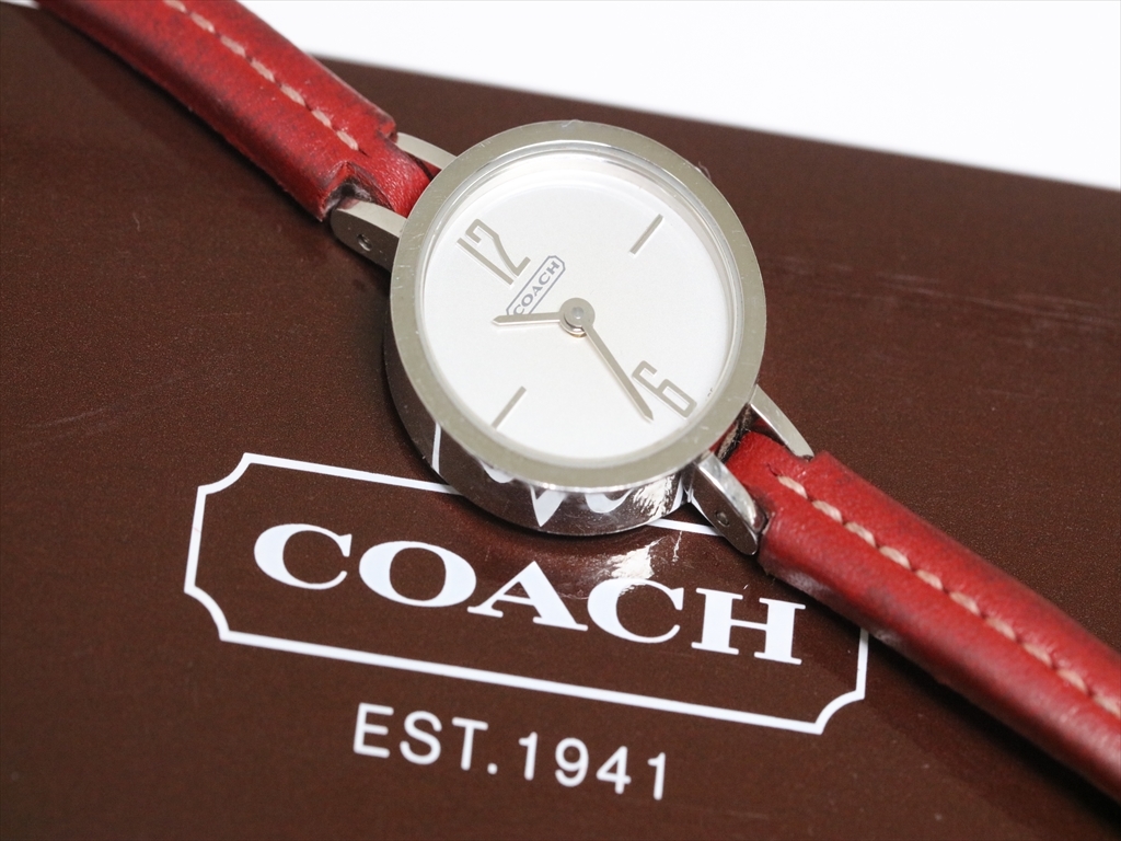 美品 コーチ シグネチャー ラウンド シルバー 新品電池 ボーイズ レディース 可動品【COACH/コーチ】0201 シルバーダイヤル ラウンド 赤レザー