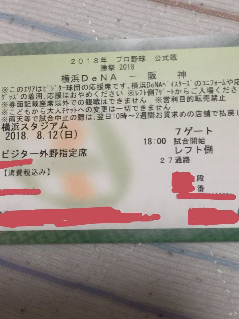 早期終了 8/12（日）横浜DeNAvs阪神 18時試合開始 横浜スタジアム レフト側外野指定席 1席 
