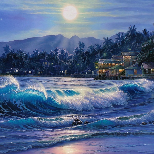 クリスチャン・ラッセン 人気 大型手彩入版画 マウイ 浜辺 夜景 ハワイ
