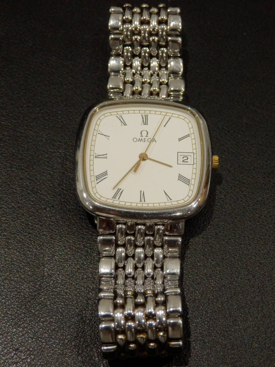 7298★OMEGA オメガ DeVille デビル スクエア デイト付 ローマ数字 ホワイト文字盤 クォーツ メンズ