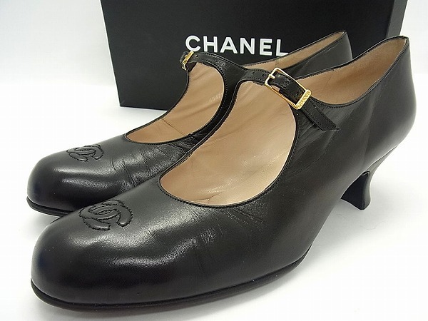 1円 ■極美品■ CHANEL シャネル ココマーク ロゴ レザー パンプス ヒール 38 (日本サイズ約25cm) 靴 ブラック O204MR