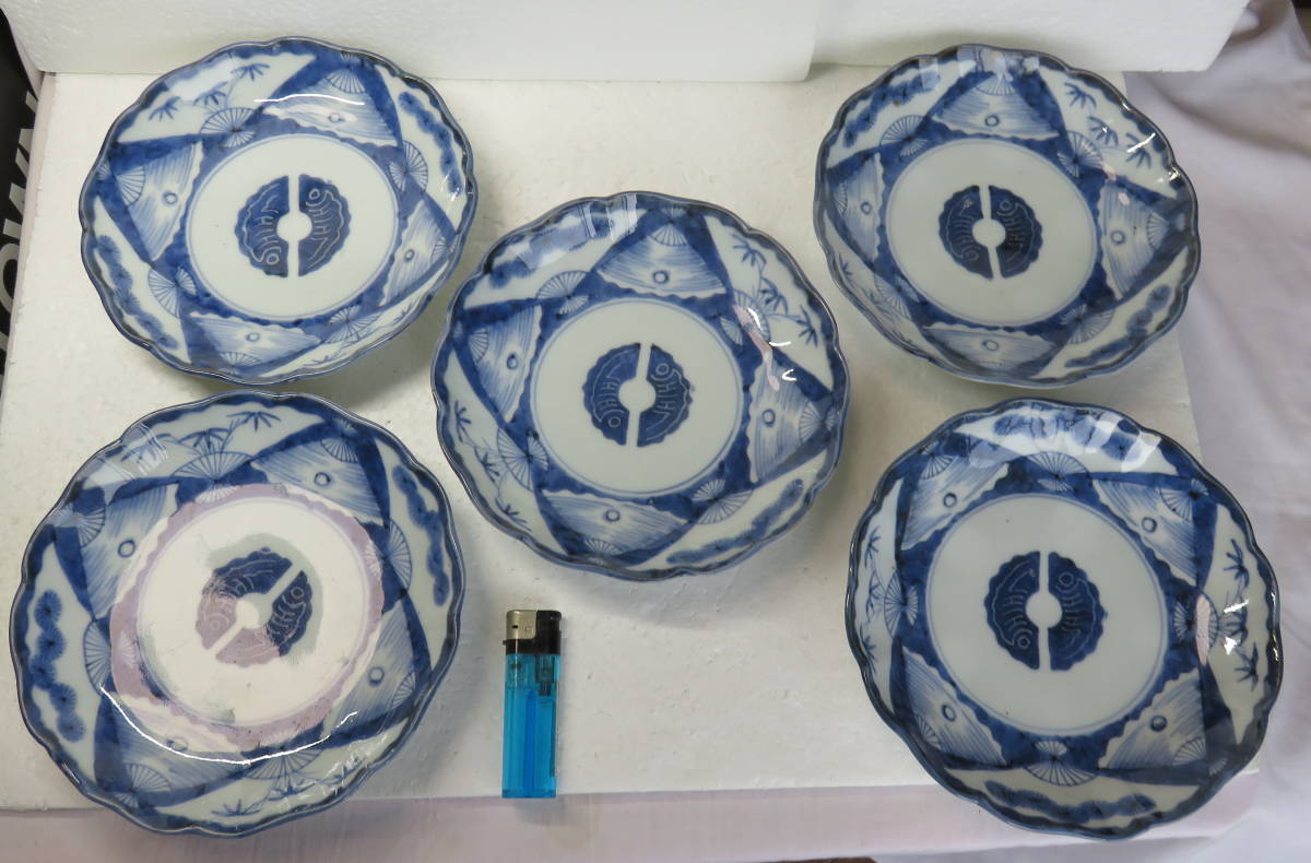 定番人気，正規品 古伊万里染付皿5枚 扇 松 竹