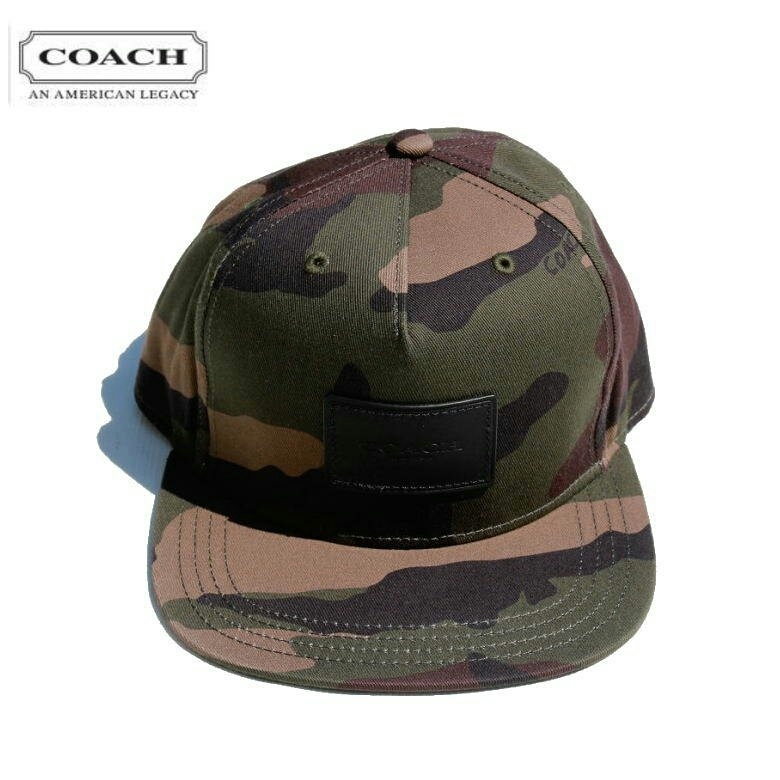 【新品】COACH コーチ CAMO FLAT BRIM HAT キャップ 正規品 ストリート ストレートキャップ　ベースボールキャップ 迷彩 メンズ レディース Hat Brim Flat カモフラージュ レザー Cap)