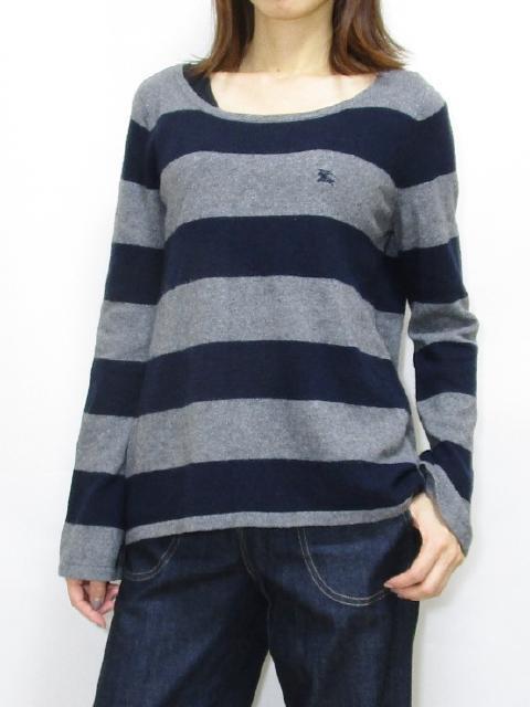 BURBERRY BLUE LABEL バーバリーブルーレーベル ニット グレー×ネイビー 紺 ボーダー柄 羊毛 カシミヤ混 size 38 フェミニン/886040
