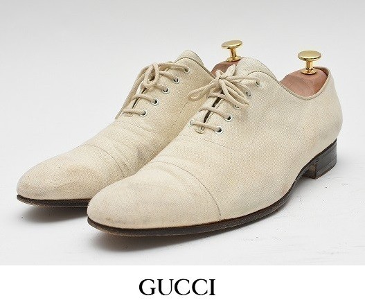 【SALE，人気】 MN-0082 GUCCI グッチ 革靴 レザーシューズ コーティング キャンバス レースアップ イタリア製 42 27cm オフホワイト(男性用)｜売買されたオークション情報、yahooの商品情報をアーカイブ公開 - オ 靴