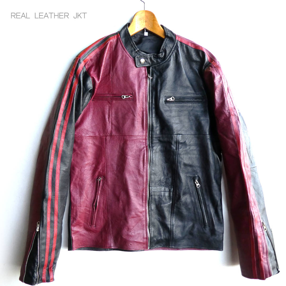 11/　レッド×ブラック　クレイジー　シングルレザーライダース　本革　バイカラー　レザージャケット　シングルライダース　サイズ40