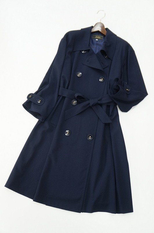 B1939【美品◎大きいサイズ】Leilian/レリアン*総ウール/ウエストベルト付/ダブルコート/ロング オーバーコート/ダークネイビー系