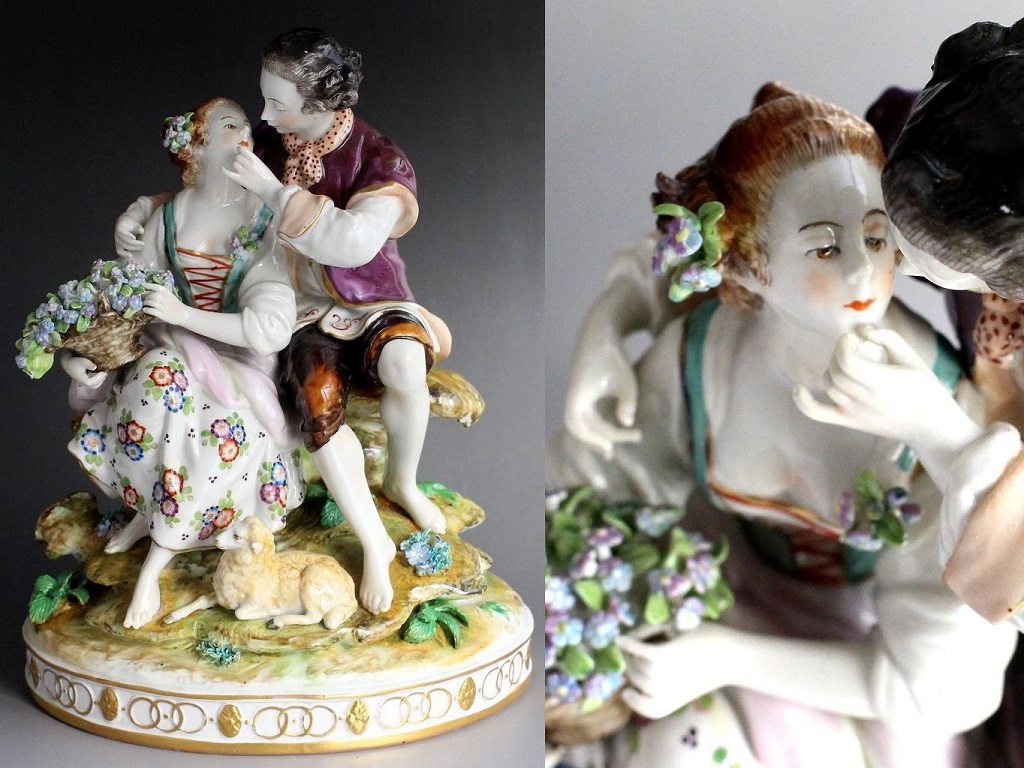 驚きの破格値，限定セール 極上品 アンティーク フィギュリン Kiss 口づけ 極細密 西洋古陶オブジェ 人形 置物 マイセン セーブル KPM ウィーン窯 ドイツ製 古美術品(マイセン)｜売買されたオークション情報、yahooの商品 マイセン