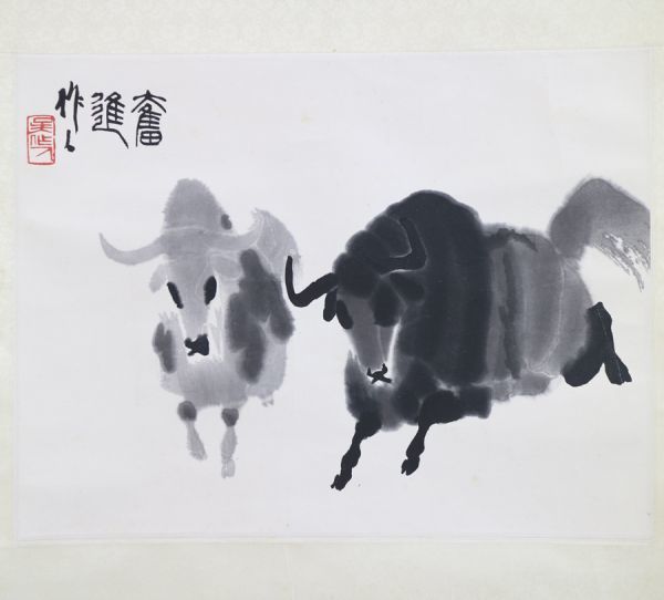 52・【工芸】呉作人・奔牛図 中国画 中国美術 唐画 掛軸 掛け軸 横物 I 2