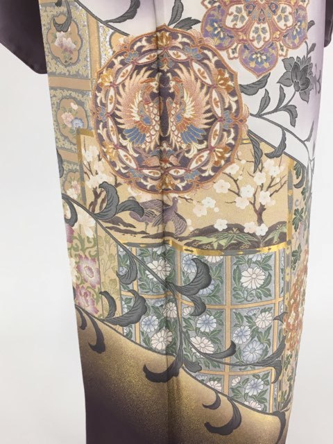 バイセル 着物 名品 色留袖 紫 一つ紋 陽明文図 華文 向い鳥 草花 鏡裏