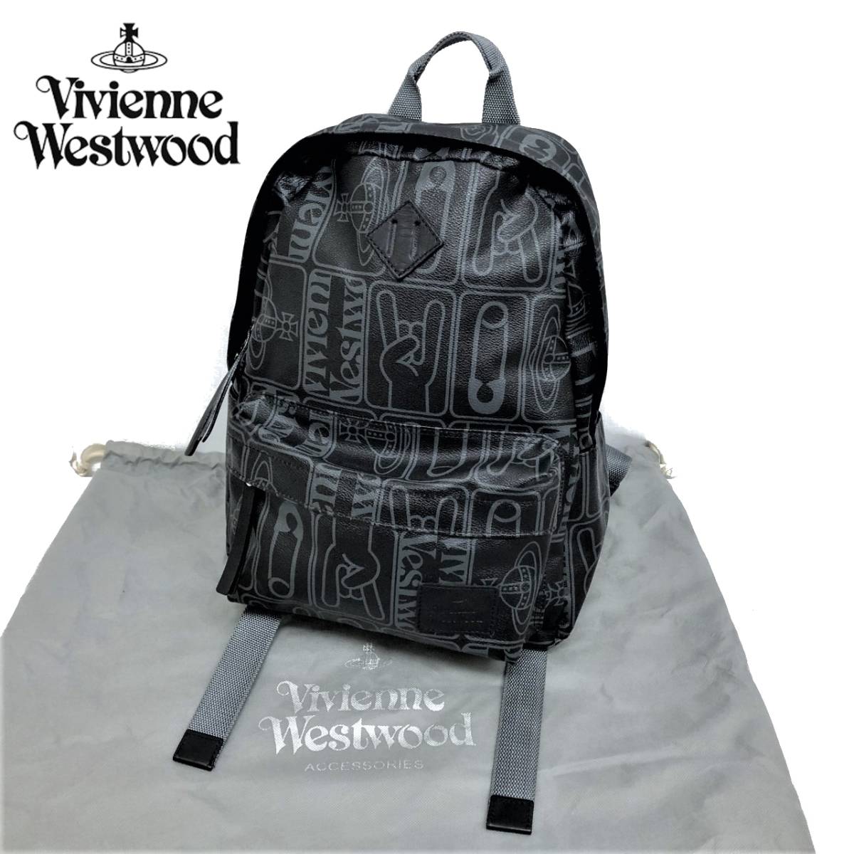 美品 名作 Vivienne Westwood オーブロゴ 総柄 バックパック 黒 PVC 