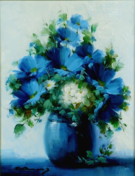 ＊新入荷＊ カルロスボコス(BOCOS)「ブルー・モナリザとあじさい」油彩 キャンバスボード サイン有 スペインの画家 素敵な花の絵の作品です