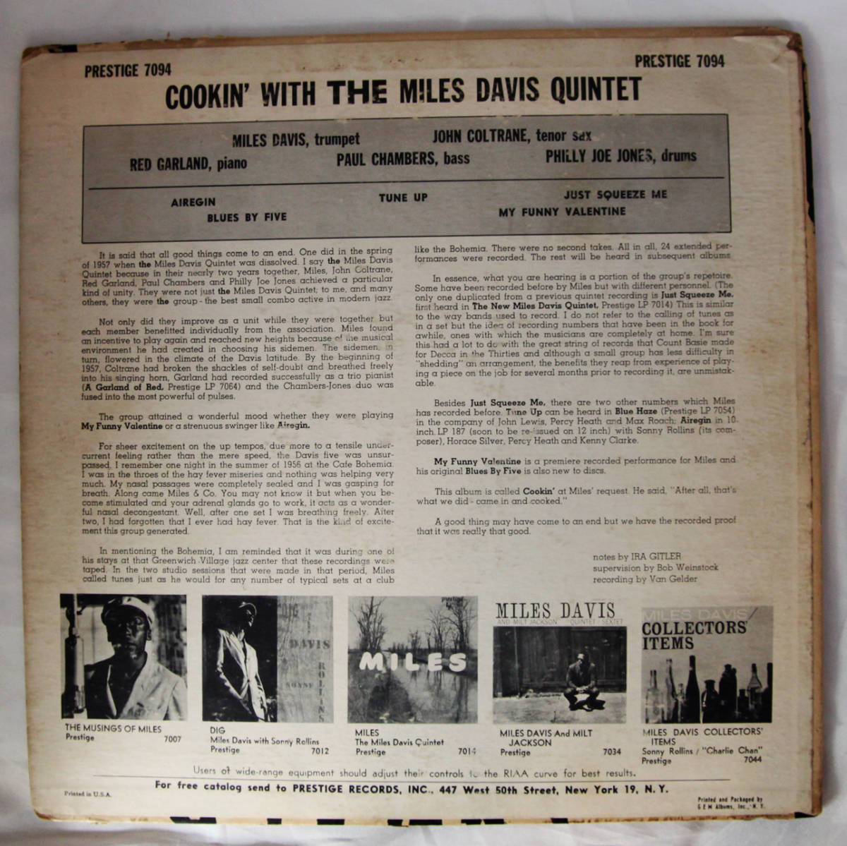 【オリジナル美盤】US Prestige NYC mono DG RVG COOKIN' MILES DAVIS QUINTET マイルスデイヴィス PRLP 7094 ● a1799