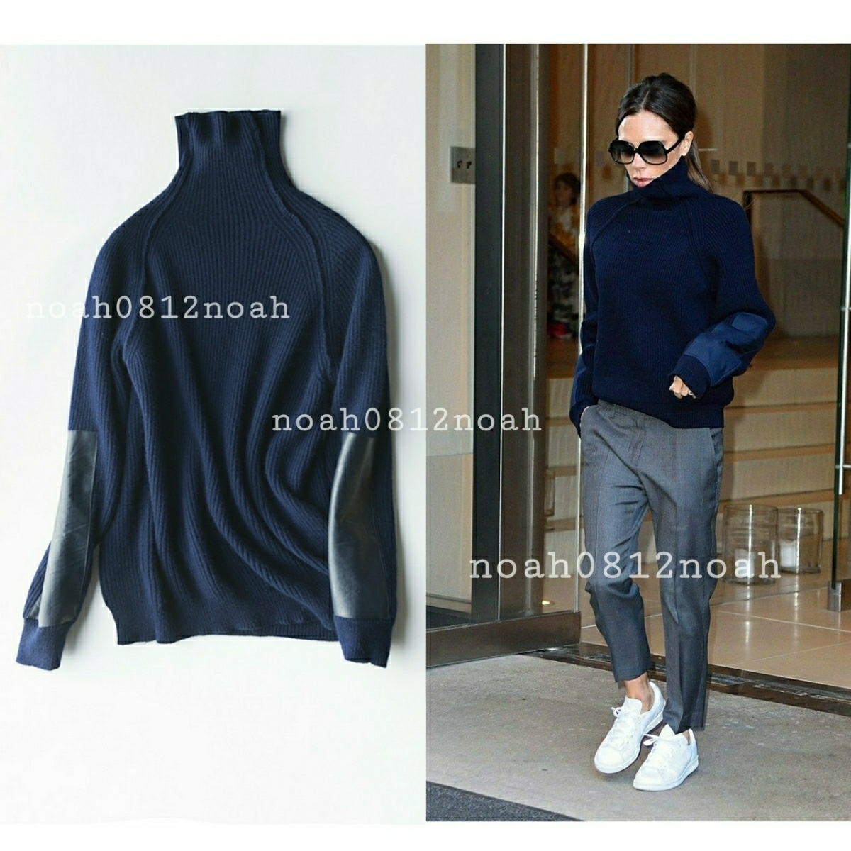 お得，新品 大 ハリウッドstyle カシミヤ30%ウール混リブボトルネック肘パッチ付きデザインルーズニット セーター 紺 ユニセックス(Mサイズ)｜売買されたオークション情報、yahooの商品情報をアーカイブ Mサイズ