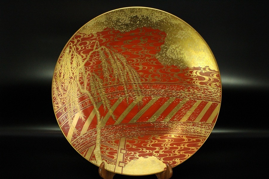 【金閣】赤絵金彩 大橋図 瑞香銘 大皿44.4cm 旧家蔵出(ZA94)