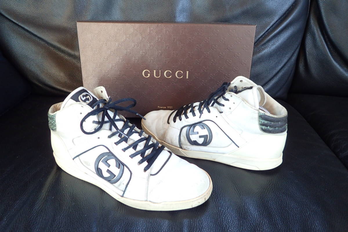 レザー グッチ ホワイト ハイトップスニーカー GUCCI ストレッチ 