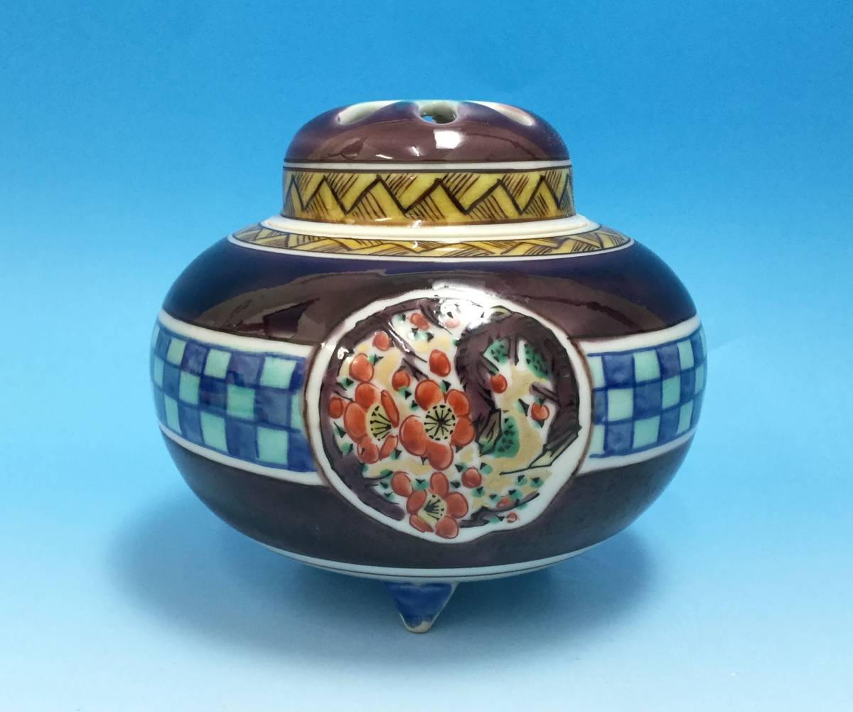 0021□九谷焼 芳山作 香爐 共箱 略歴 香炉 茶道具 香道具 香合 陶器