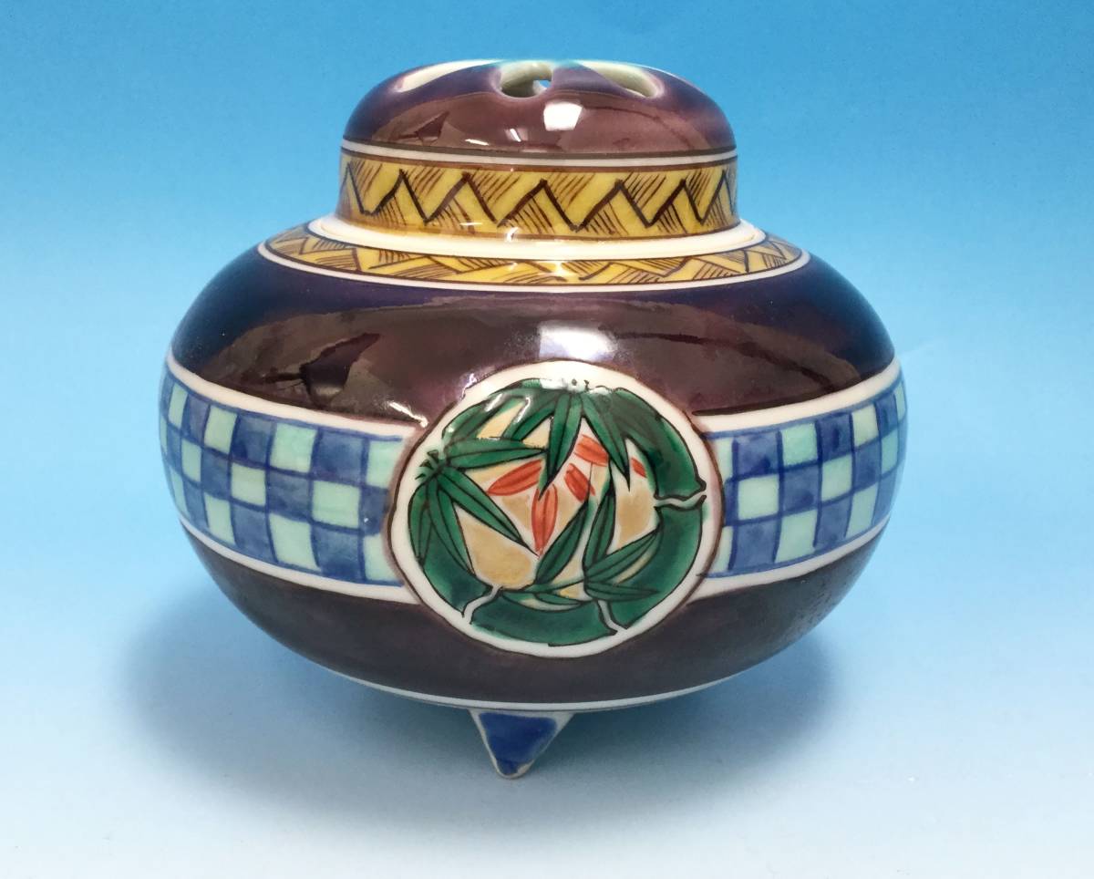 0021□九谷焼 芳山作 香爐 共箱 略歴 香炉 茶道具 香道具 香合 陶器