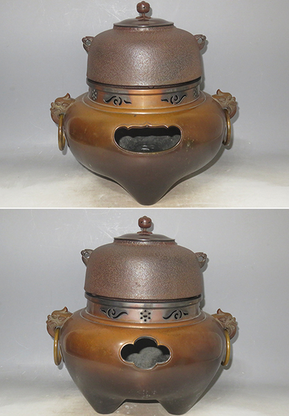 茶道具 平丸釜添 風炉釜 唐銅 釜師 畠春斎 鬼面風炉 風炉師 共箱 一ノ瀬宗辰 唐銅鬼面風炉 工芸品 唐銅切合 切り合わせ 風炉（ふろ） 茶釜添え