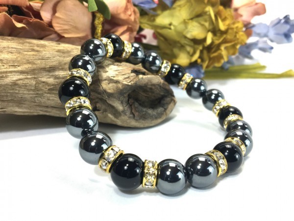 ヘマタイト\\u0026オニキス ヘマタイト×オニキス パワーストーン ブレスレット 天然石ブレス (ロンデル： ゴールド) 10mm メンズ・レディース オニキス パワーストーン ブレスレット