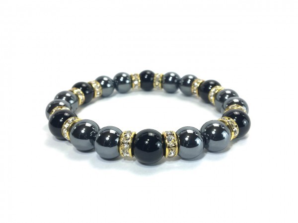 ヘマタイト\\u0026オニキス ヘマタイト×オニキス パワーストーン ブレスレット 天然石ブレス (ロンデル： ゴールド) 10mm メンズ・レディース オニキス パワーストーン ブレスレット