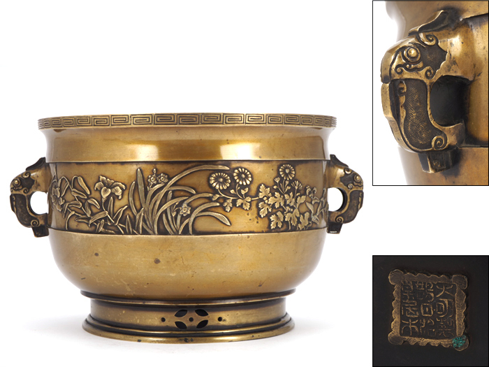 銅寵造】 浮紋 宣徳銅 火鉢 在銘 一双 桐合箱 総重量約10㎏ 一対