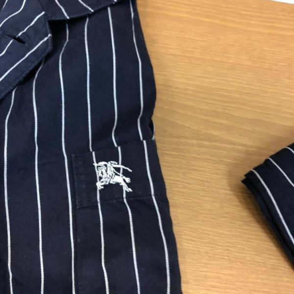 良品 バーバリー ロンドン 上下セット 長袖シャツ パンツ ルームウェア メンズ ネイビー ストライプ サイズM 綿100% パジャマ 寝巻き