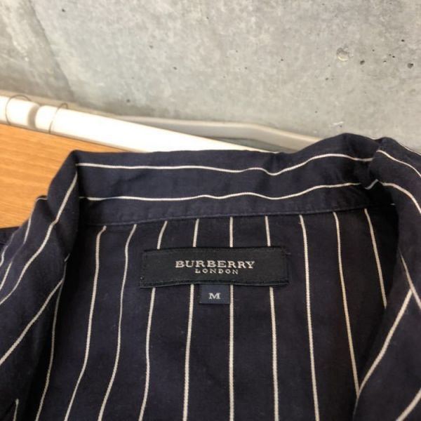 良品 バーバリー ロンドン 上下セット 長袖シャツ パンツ ルームウェア メンズ ネイビー ストライプ サイズM 綿100% パジャマ 寝巻き