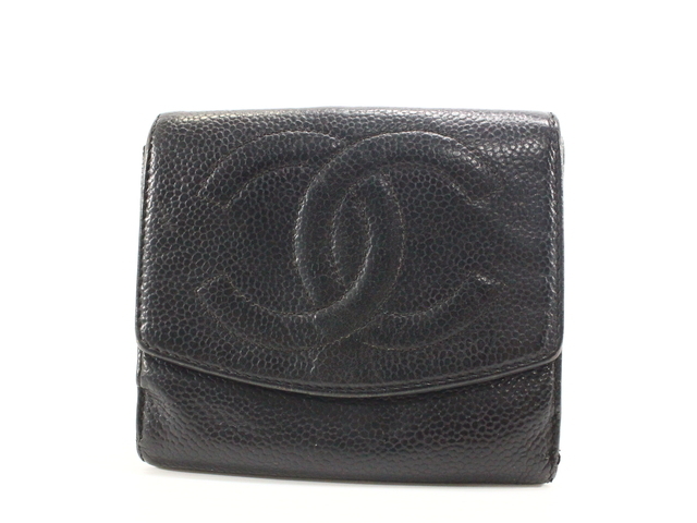 USED】 シャネル/CHANEL キャビアスキン ココマーク 二つ折り財布 難有