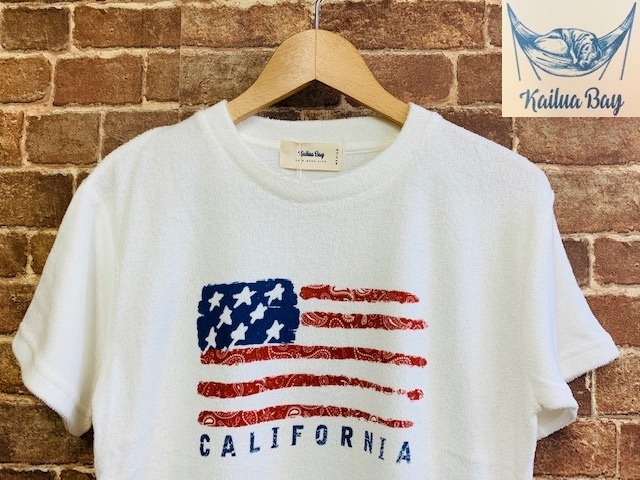 セール，新品 表記M/ パイル地.Kailua Bay.タオル地.カリフォルニアプリント.星条旗.Tシャツ.白.サーファー.西海岸アメカジサーフスタイル/Y(文字、ロゴ)｜売買されたオークション情報、yahooの商品情報をアー Mサイズ