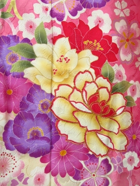 ★着物10★ 1円 絹 振袖 金駒刺繍 牡丹 桜 椿 袷 身丈163cm 裄66cm [同梱可] ☆☆☆☆