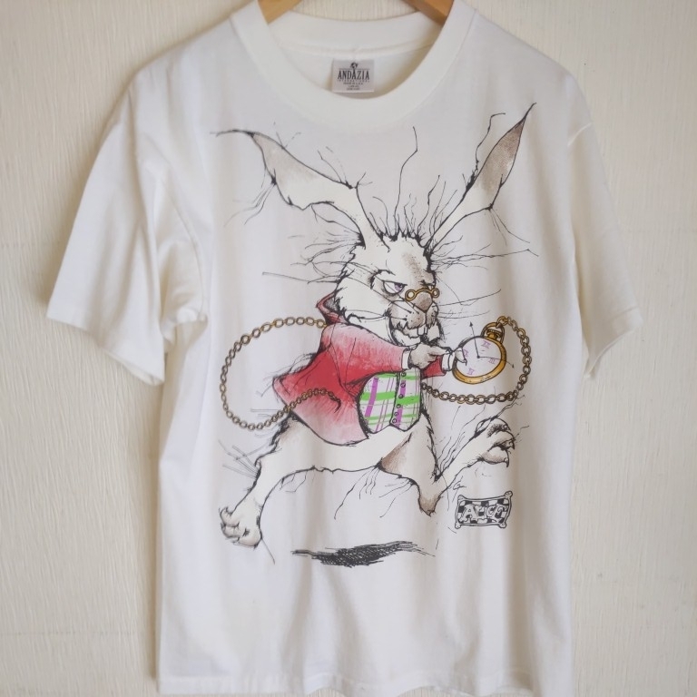 ビンテージ!!90s ANDAZIA製 不思議の国のアリス Tシャツ【L】白ウサギ 