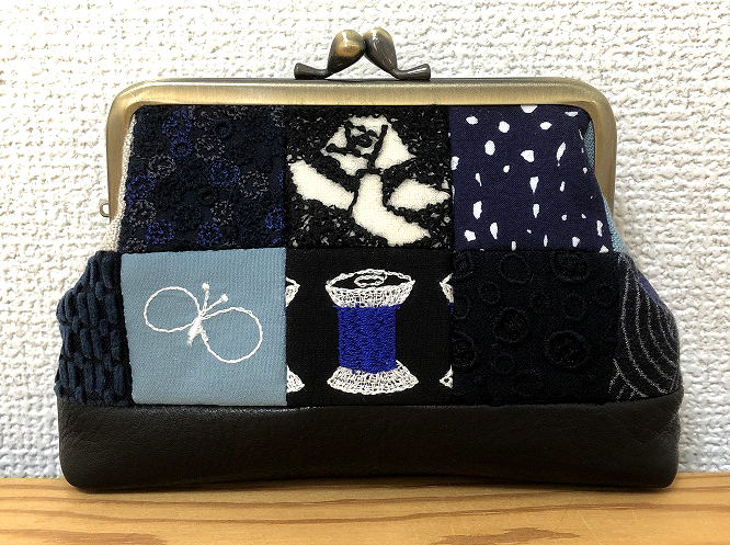 ☆ ハンドメイド がま口 ポーチ お財布 黒 本革 パッチワーク ☆ ミナ