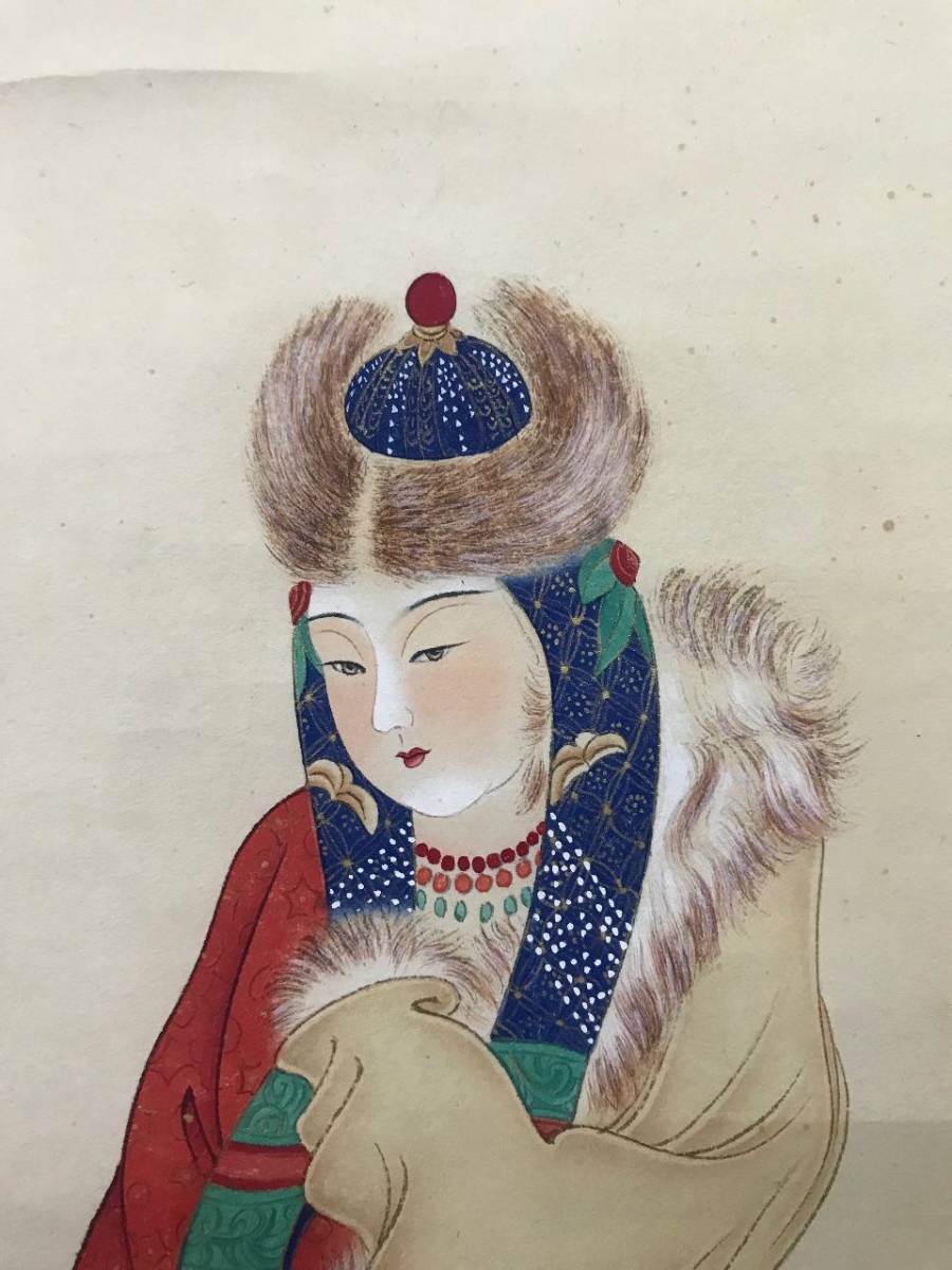 中国古美術 中国書画 近代書画家 〈 張大千 蒙古仕女図〉掛け軸 肉筆紙