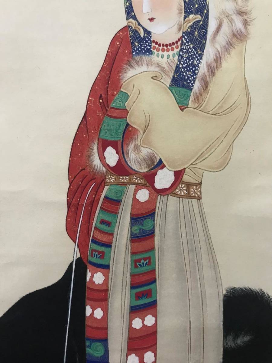 中国古美術 中国書画 近代書画家 〈 張大千 蒙古仕女図〉掛け軸 肉筆紙