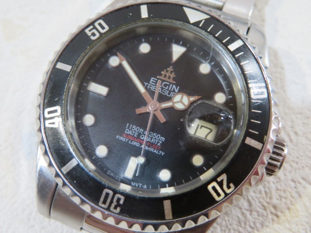 □ELGIN FK-272-A フェイスブラック 腕時計 クオーツ アナログ デイト 3針 DATA QUARTZ エルジン 電池交換済み 05931□！！