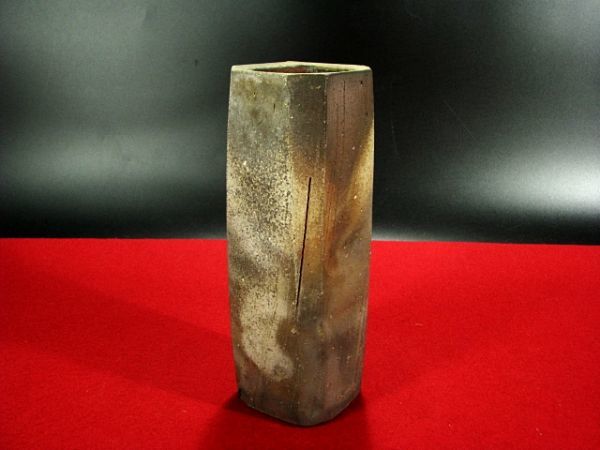 ∴古∴【備前名工 伊勢崎 満】備前 角花入 茶道具 花器 共箱 無傷 8 b314_3